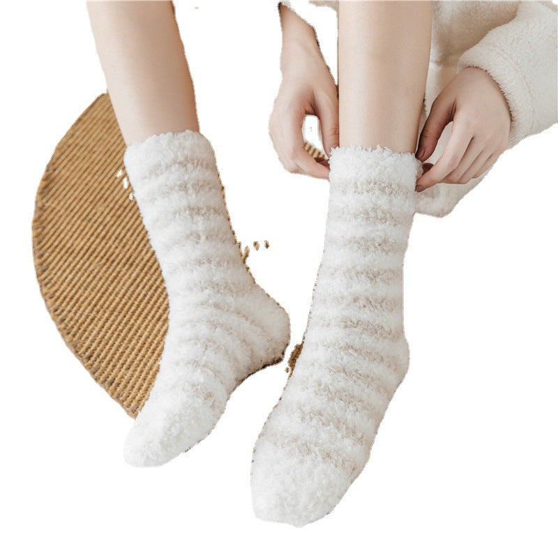 Sleeping Socks Home Women's Coral Fleece Striped Mid-calf Length Women's Socks Comfortable